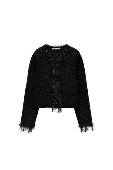 FRAYED BEADED TRIM KNIT SWEATER