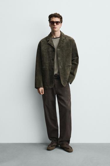 BLAZER EN CUIR ET DAIM - Kaki de Zara