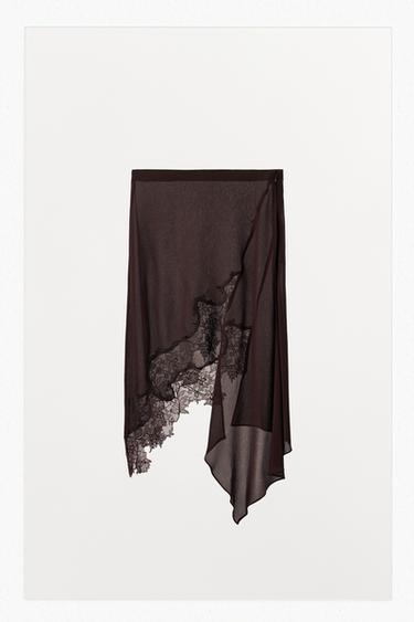 Zara ASYMMETRIC LACE GEORGETTE SKIRT - Dark brown