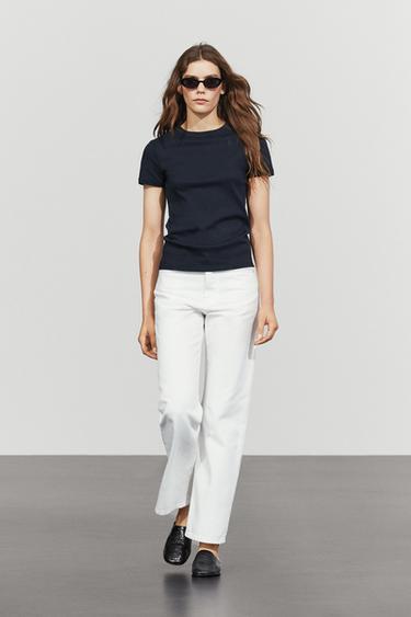 Zara Ribbed short sleeve T-shirt - Navy blue - Image 0