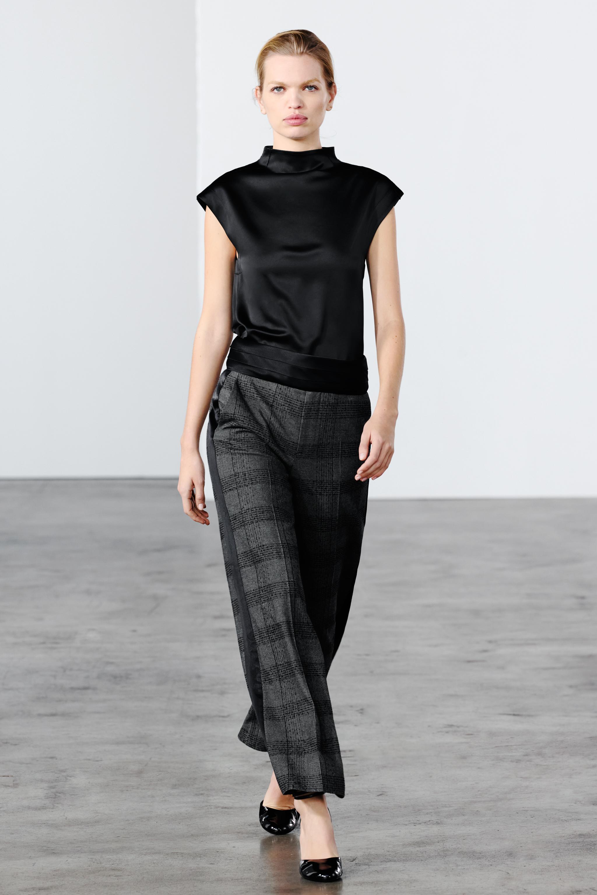 Zara Plaid Sash Pants Zw Collection Gray Marl Women