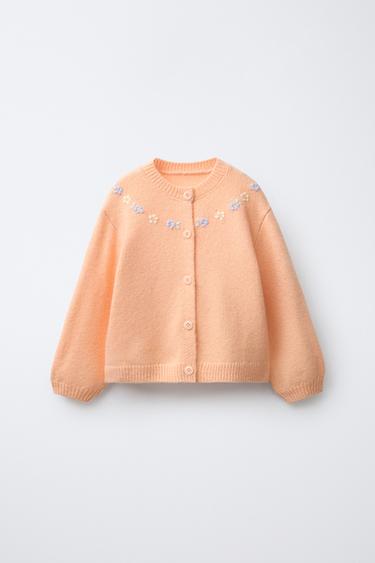 플라워 자수 니트 재킷 - Zara 코랄