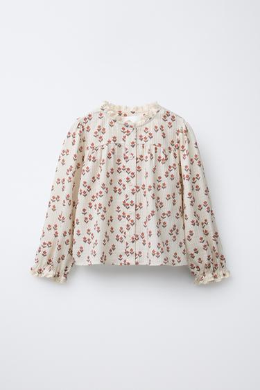 LACE-TRIMMED FLORAL SHIRT - Ecru by Zara - Image 0