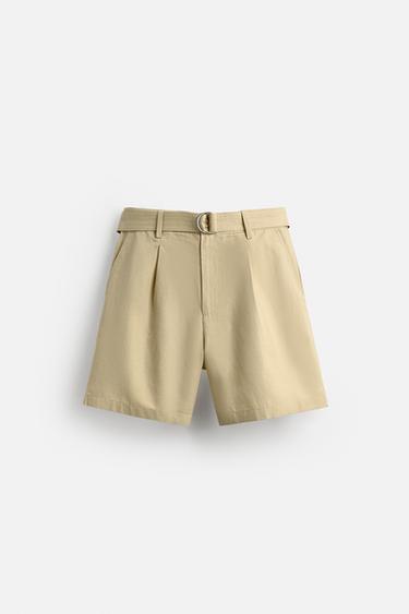BERMUDASHORTS AUS BAUMWOLLE UND LEINEN MIT GÜRTEL - Butterfarben von Zara