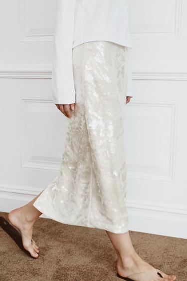 Zara ZW COLLECTION SEQUIN MIDI SKIRT - Oyster-white