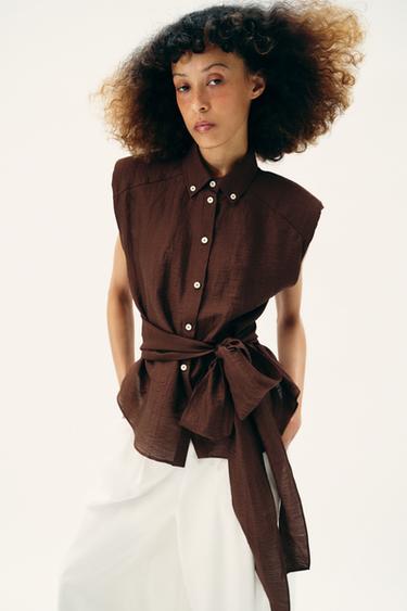 LINEN BLEND SHOULDER PAD TOP WITH BELT - Dark brown by Zara