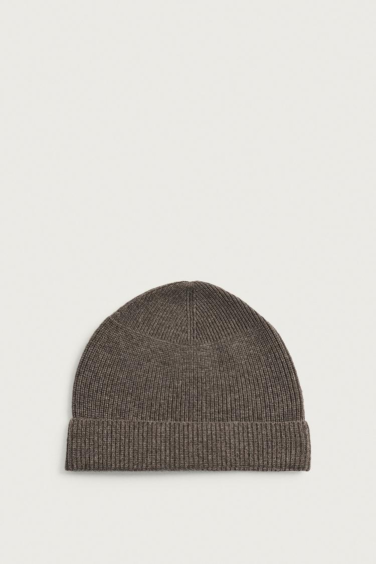 WOOL AND CASHMERE KNIT BEANIE — Tan marl