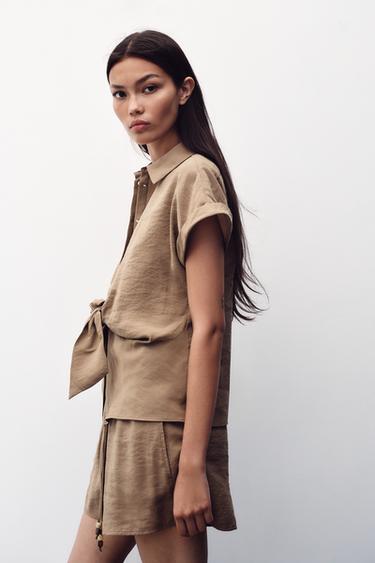 SHORT SLEEVE KNOT SHIRT - Brown / Taupe by Zara - Image 3