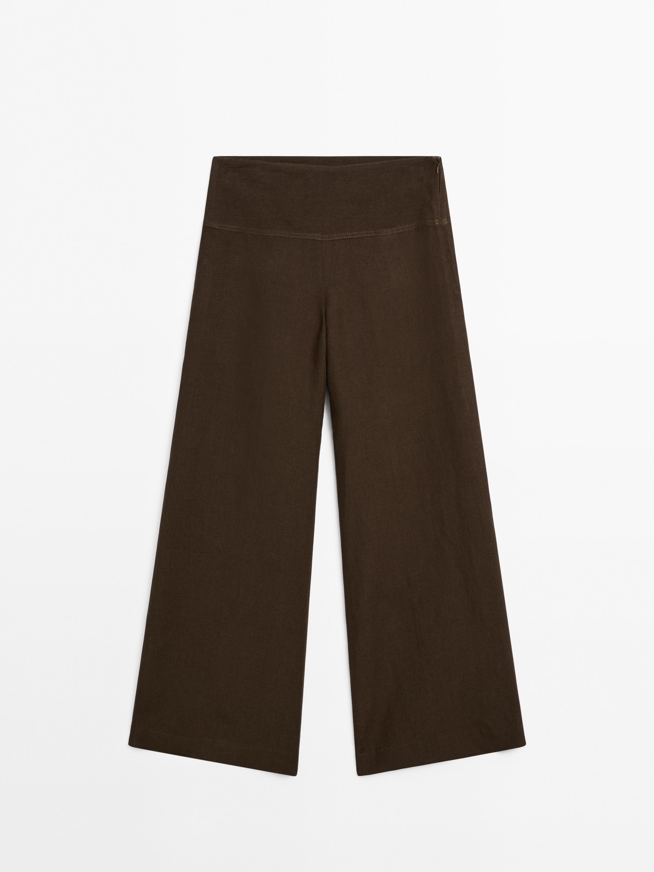Pantalon large lin taille haute