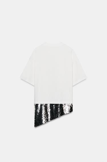 T-SHIRT ASYMÉTRIQUE PAILLETTES - Écru de Zara - Image 5