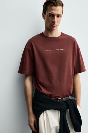 FLOCKED PRINT RELAXED FIT T-SHIRT - Burgundy by Zara - Image 6