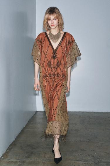 VESTIDO COMBINADO DE VELUDO COM LANTEJOULAS E MIÇANGAS LIMITED EDITION - Telha da Zara