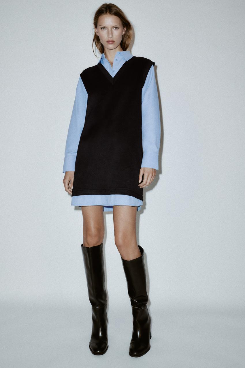 COMBINED POPLIN MINI DRESS - Blue / Black | ZARA United States COMBINED POPLIN MINI DRESS - Blue / Black | ZARA United States