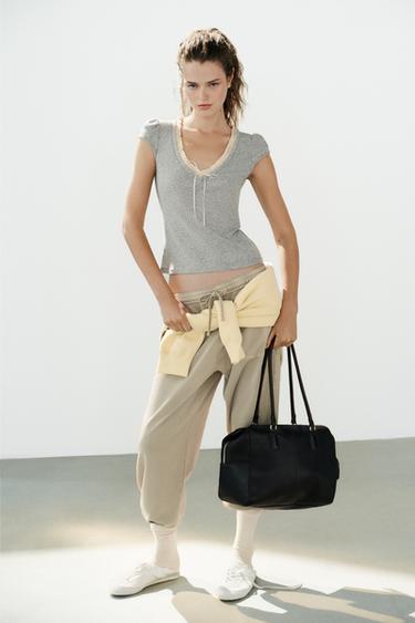 CONTRAST V-NECK T-SHIRT - Grey marl by Zara