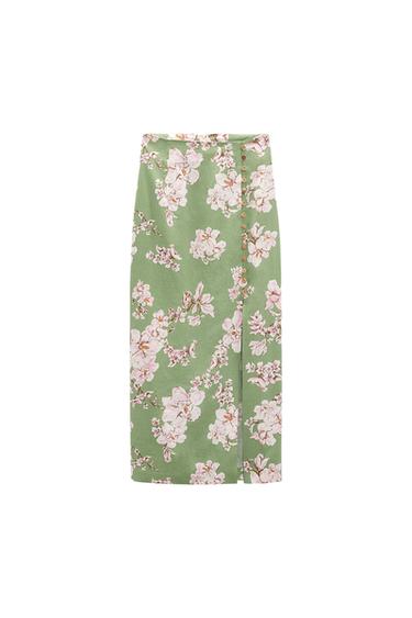 PRINTED LINEN-BLEND MIDI SKIRT
