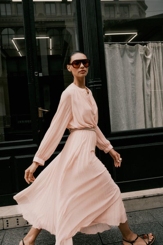 PLEATED MIDI DRESS WITH BELT Beige-pink ZARA United Kingdom