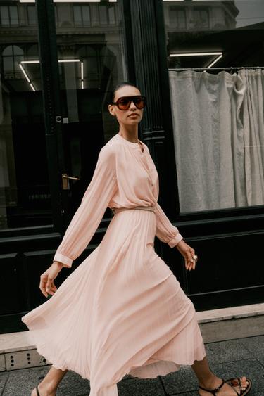 PLEATED MIDI DRESS WITH BELT - Beige-pink by Zara