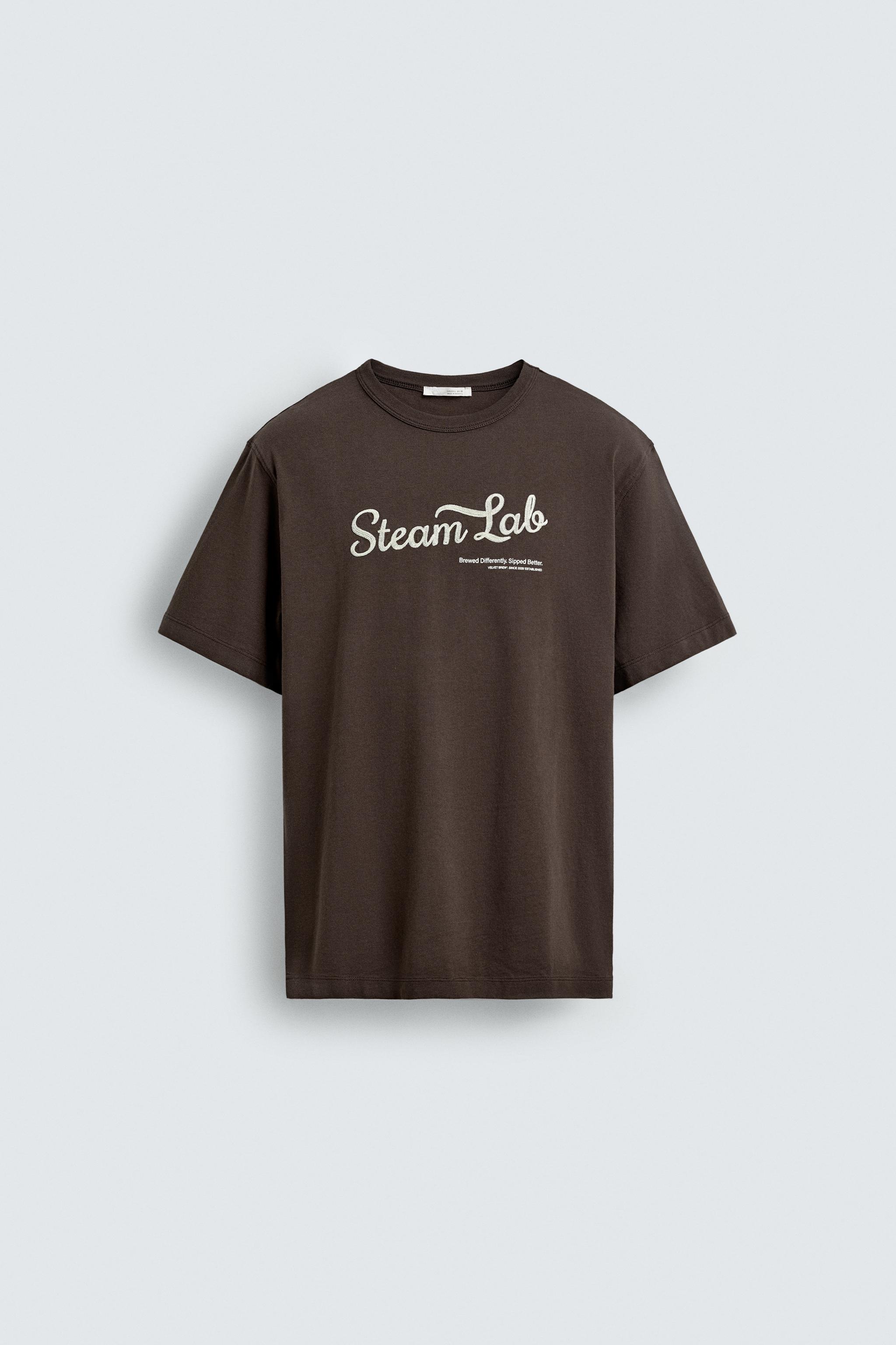 EMBROIDERED TEXT T-SHIRT — Brown