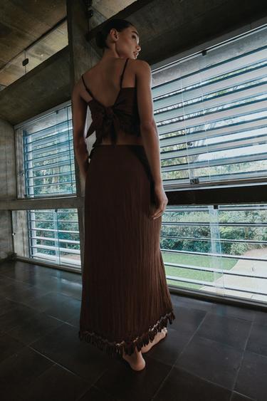 FRINGED PAREO MIDI SKIRT - Brown by Zara - Image 2