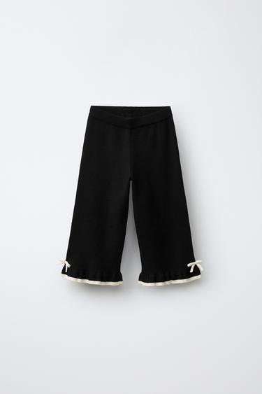 Zara FLARED KNIT PANTS WITH BOWS AND RUFFLE - Black