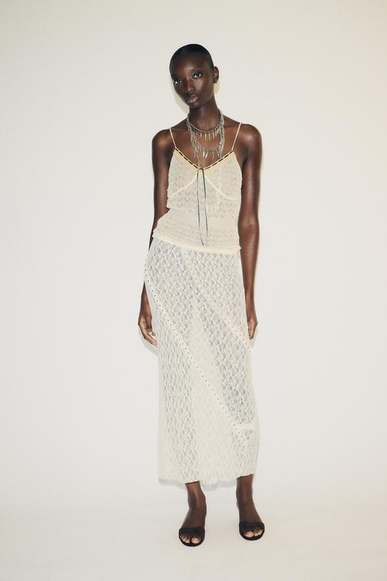 STUDDED LACE MIDI SKIRT