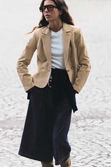100% LEATHER CROPPED BLAZER WITH SHOULDER PADS — Sand 1