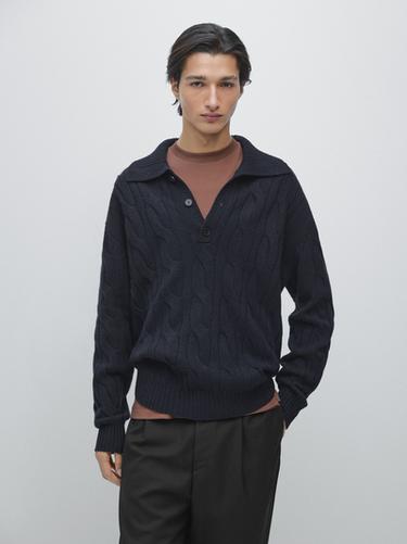 Zara Wool cable-knit polo sweater - Navy blue