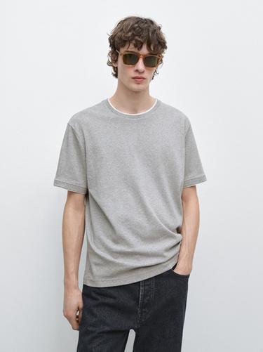 Zara 100% cotton T-shirt with contrast detail - Gray marl