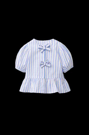 STRIPED BLOUSE WITH BOWS - Oyster-white by Zara