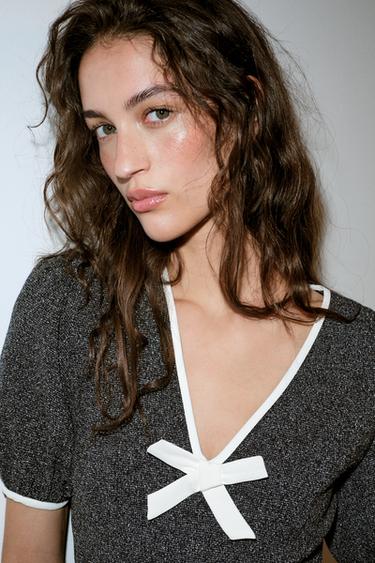 ROBE COURTE À NŒUD - Bleu marine / Blanc de Zara - Image 2