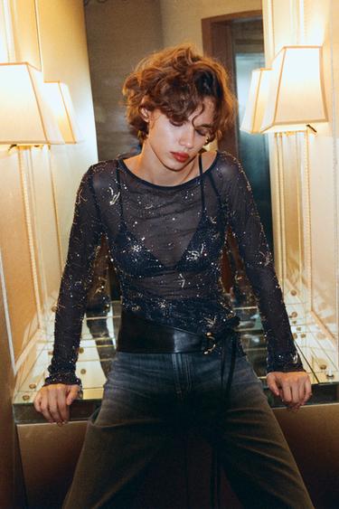 DRAPED TULLE TOP WITH BEADED EMBROIDERY - Blue by Zara