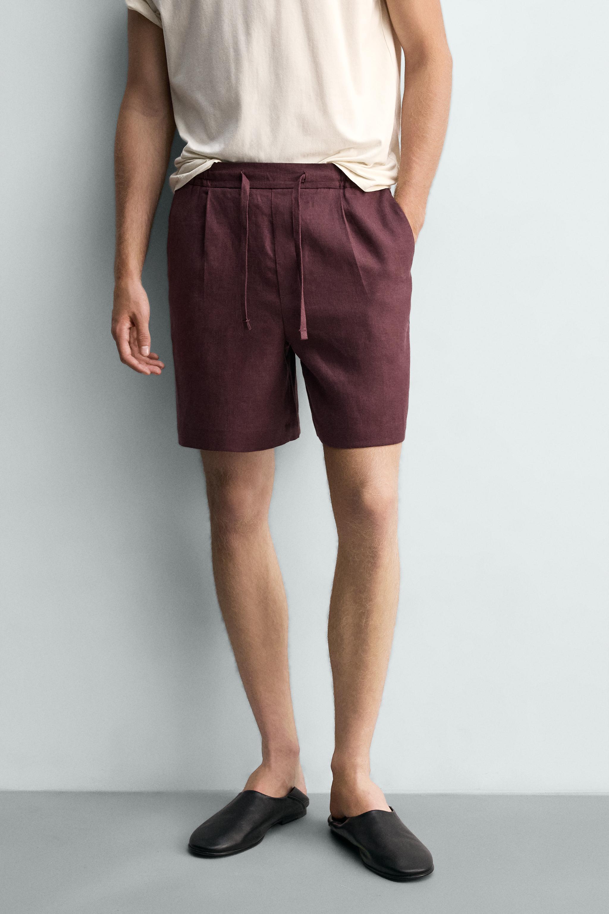 100% LINEN RELAXED FIT SHORTS — Burgundy