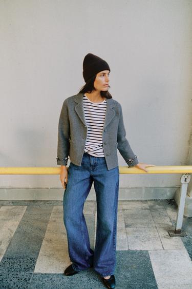 Zara 珠飾針織開襟衫 - 斑紋灰色