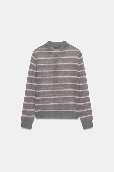 FINE-KNIT WOOL BLEND STRIPED POLO SHIRT - Grey by Zara - Image 5