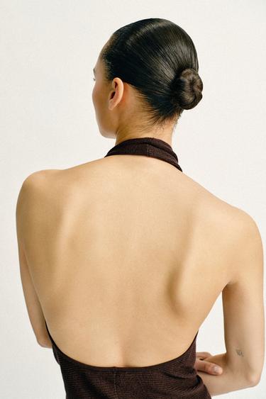 METALLIC THREAD RIB KNIT HALTER TOP - Brown by Zara - Image 3