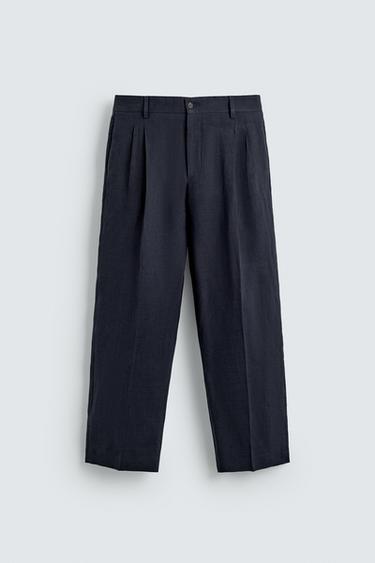Zara LINEN COTTON BLEND PLEATED SUIT PANTS - Indigo