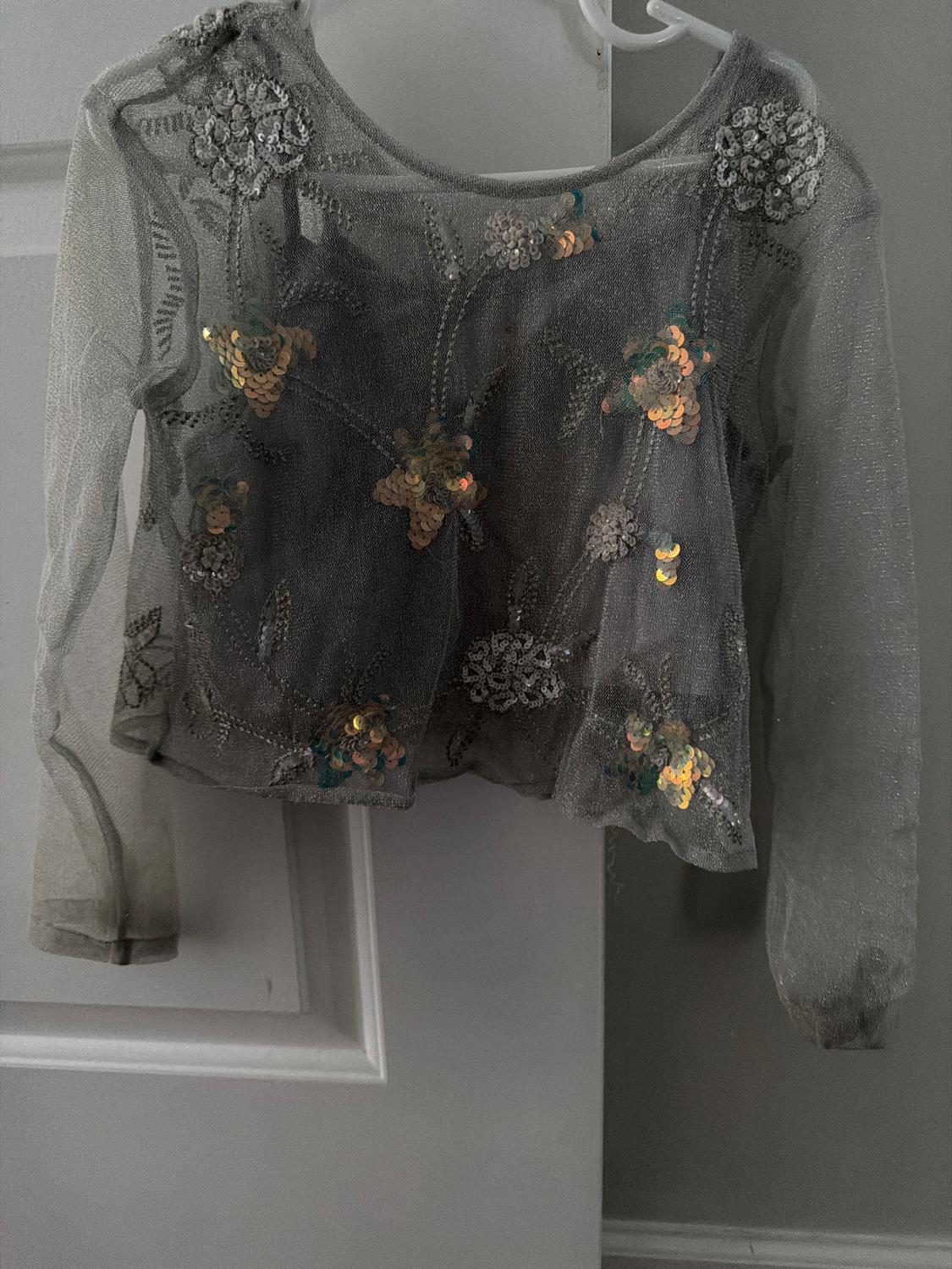 Gray sheer blouse with floral embroidery and gold sequins, hanging on a white hanger in front of a white door.