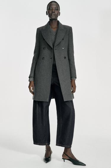 CASACO CRUZADO COM LÃ - Cinzento da Zara