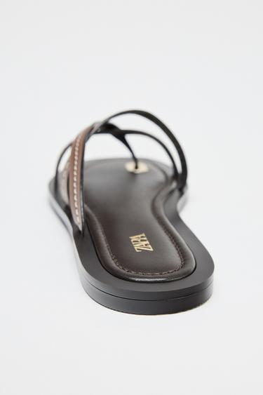 FLAT LEATHER STRAPPY SANDALS - Brown by Zara - Image 3