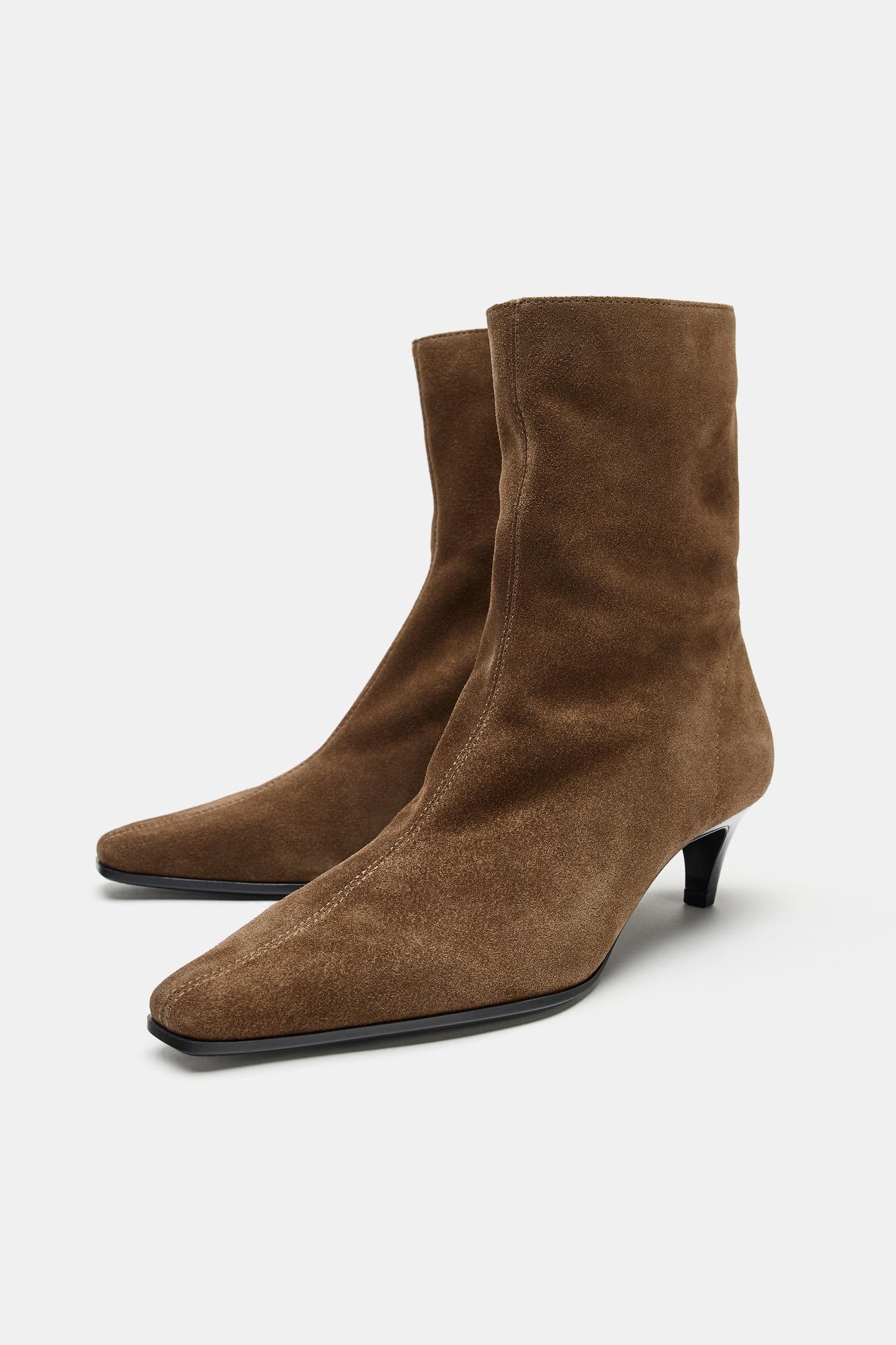 Женские ботинки Zara Suede Kitten Heel Ankle, цвет: Коричневый — фото 4