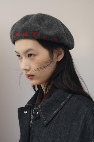 100% WOOL HEART BERET - Grey by Zara