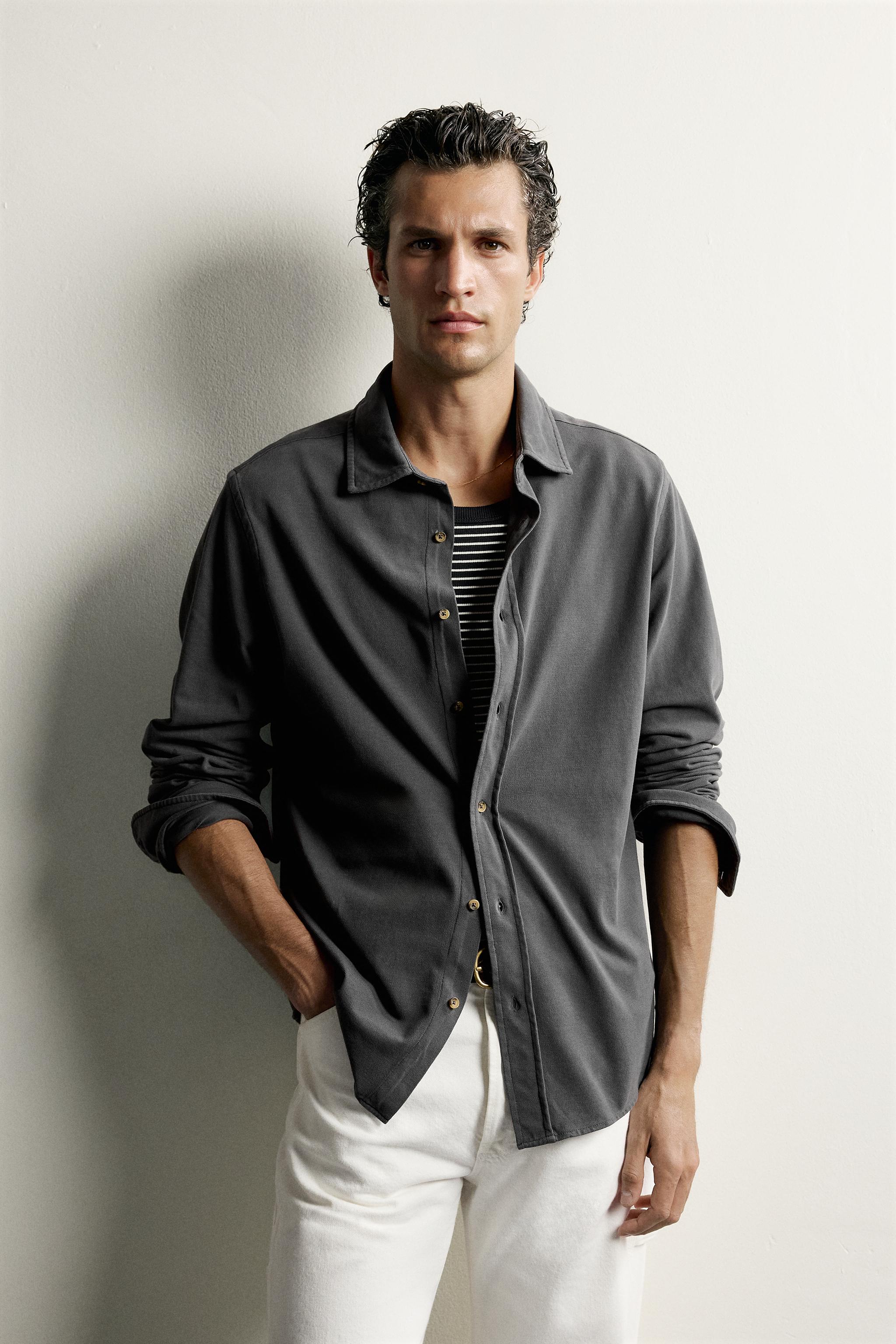 Мужские рубашки Zara WASHED PIQUÉ REGULAR FIT SHIRT — фото 2