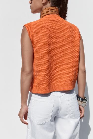 TOP GILET EN MAILLE BOUTON COQUILLAGE - Orange de Zara - Image 3