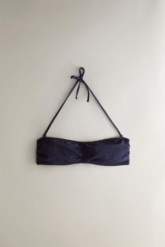 Zara GINGHAM BANDEAU BEACH BIKINI TOP - Blue - Image 0