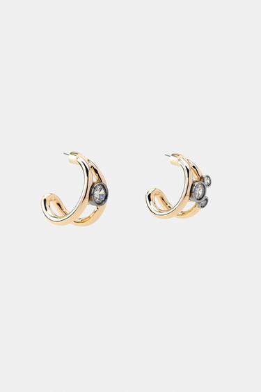 RHINESTONE DOUBLE HOOP EARRINGS - Golden by Zara - Image 3