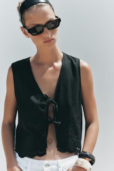 LINEN BLEND WAISTCOAT WITH CUTWORK EMBROIDERY - Black by Zara