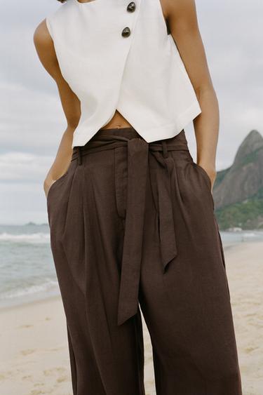 PANTALON LARGE CEINTURE - Marron de Zara - Image 1