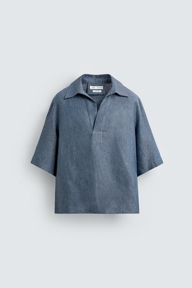 Zara 100% LINEN POLO SHIRT - Indigo
