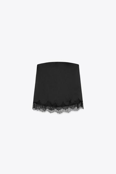 Zara SATIN EFFECT LACE TOP - Black