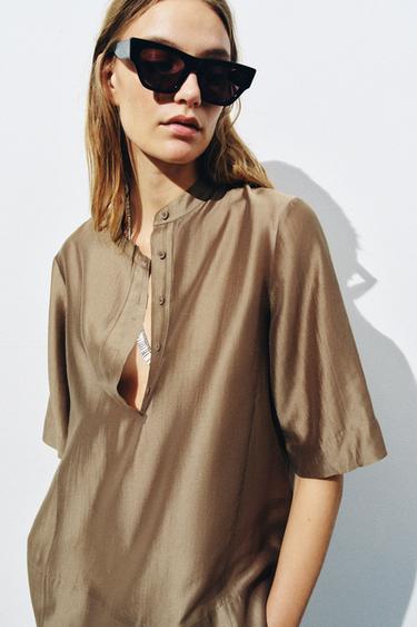 BLOUSE FLUIDE À MANCHES COURTES ZW COLLECTION - Marron clair de Zara - Image 3